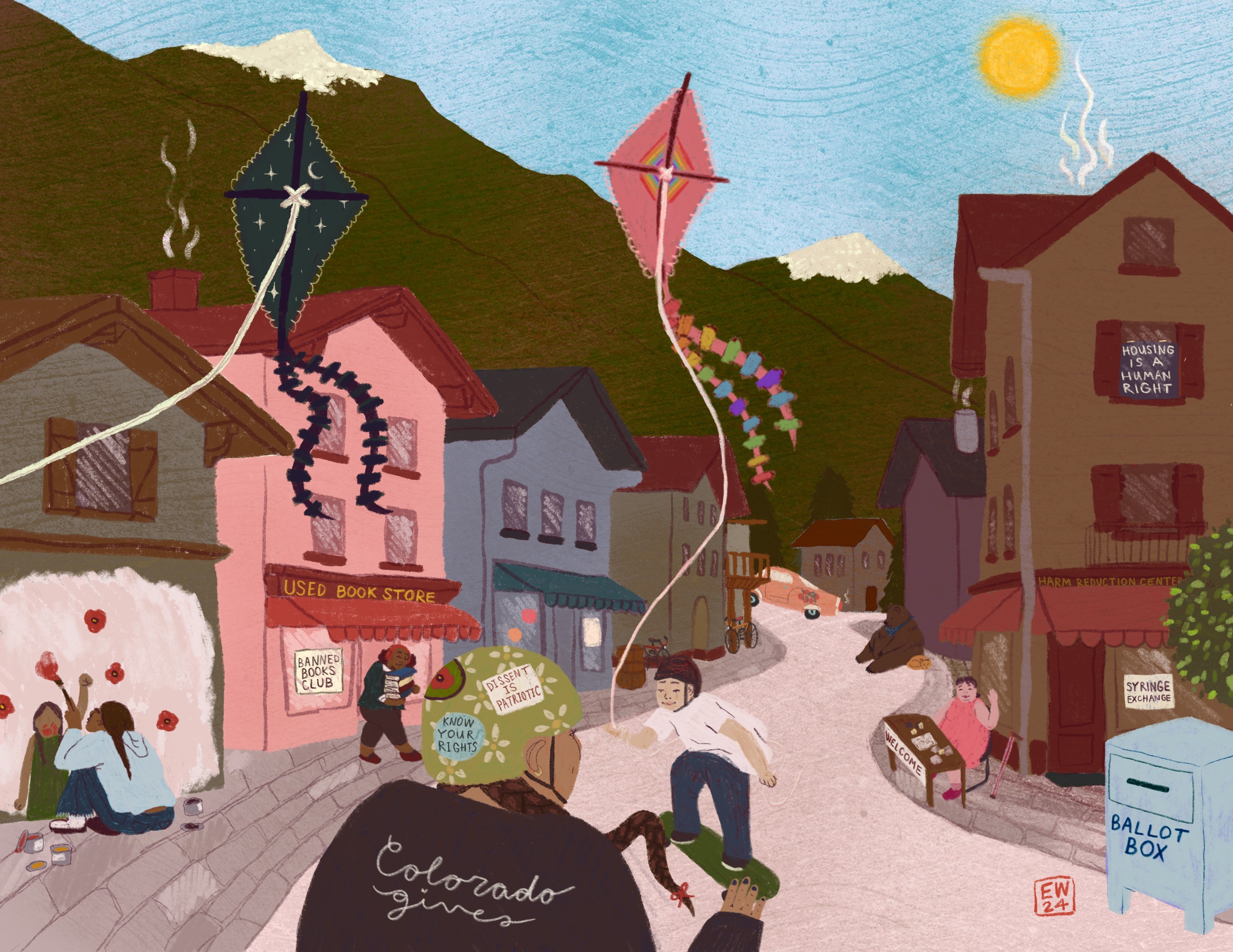 An artistic drawing of a small mountain town with people participating in various activities with messages supporting civil rights visible on clothing and in buildings