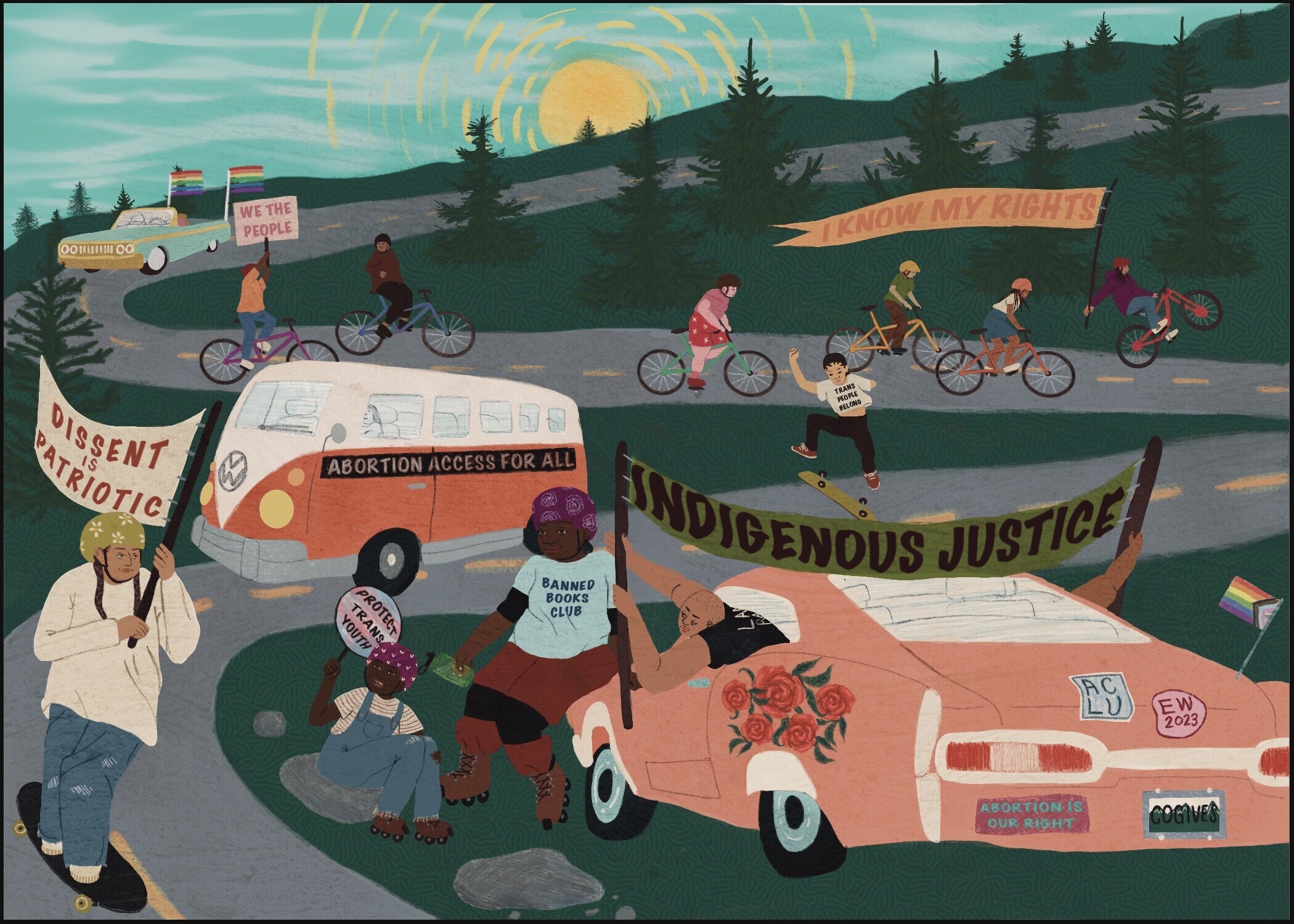 Artistic painting of people and cars traveling down a road displaying signs of civil rights issues