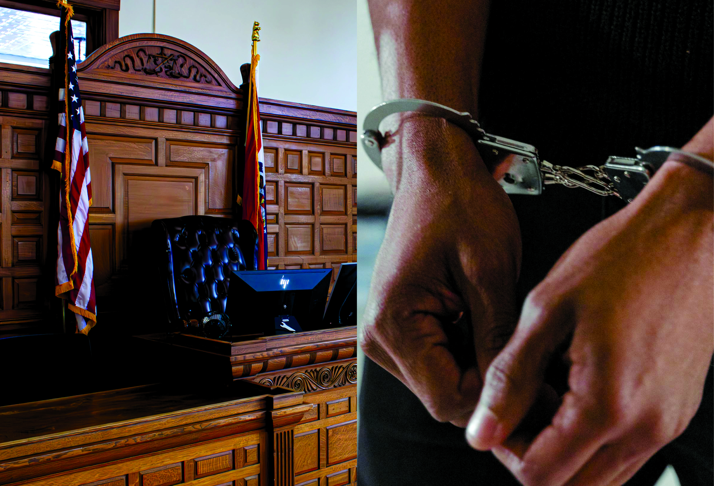 Judge podium next to someone in handcuffs