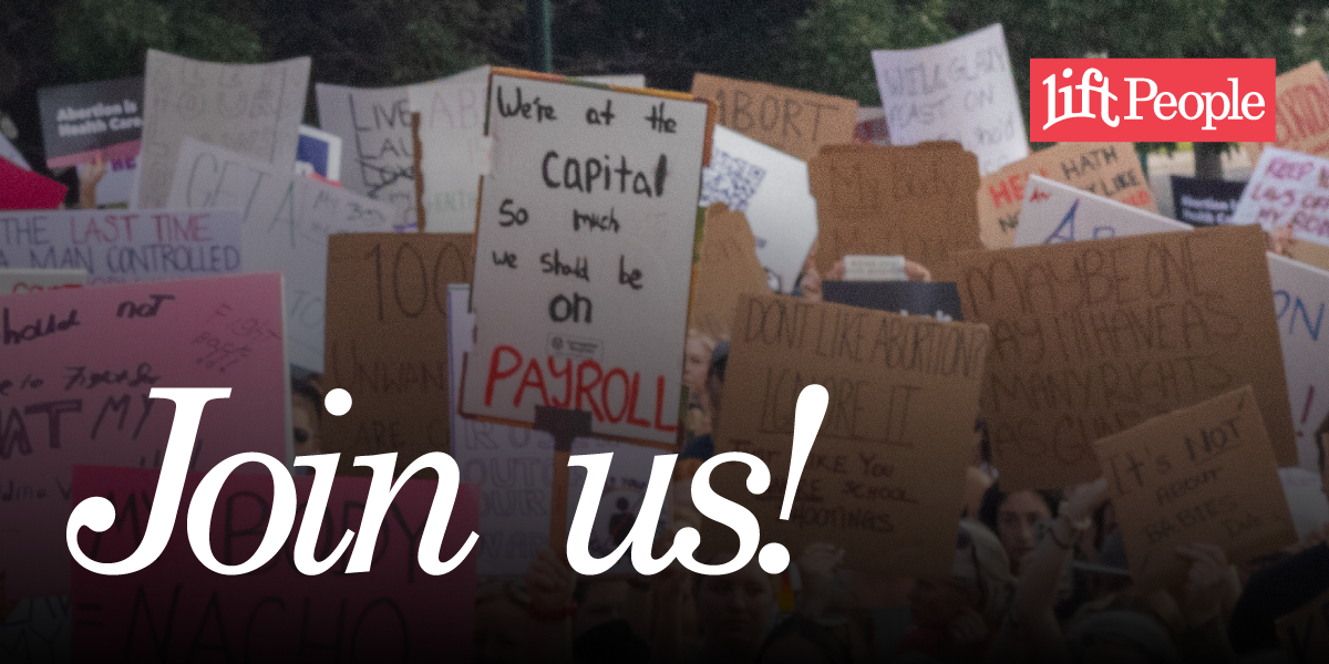 Graphic with text and image of protest signs. White italic text reads, "Join us!"