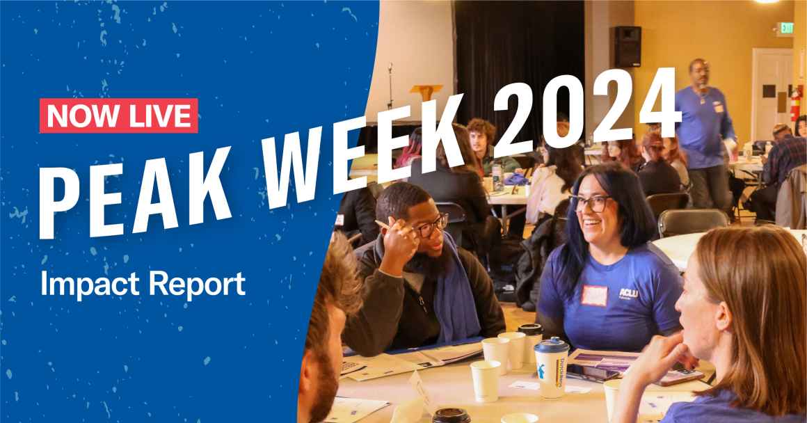 Now live peak week 2024 impact report text over photo of activists and community members sitting around tables at a PEAK week event